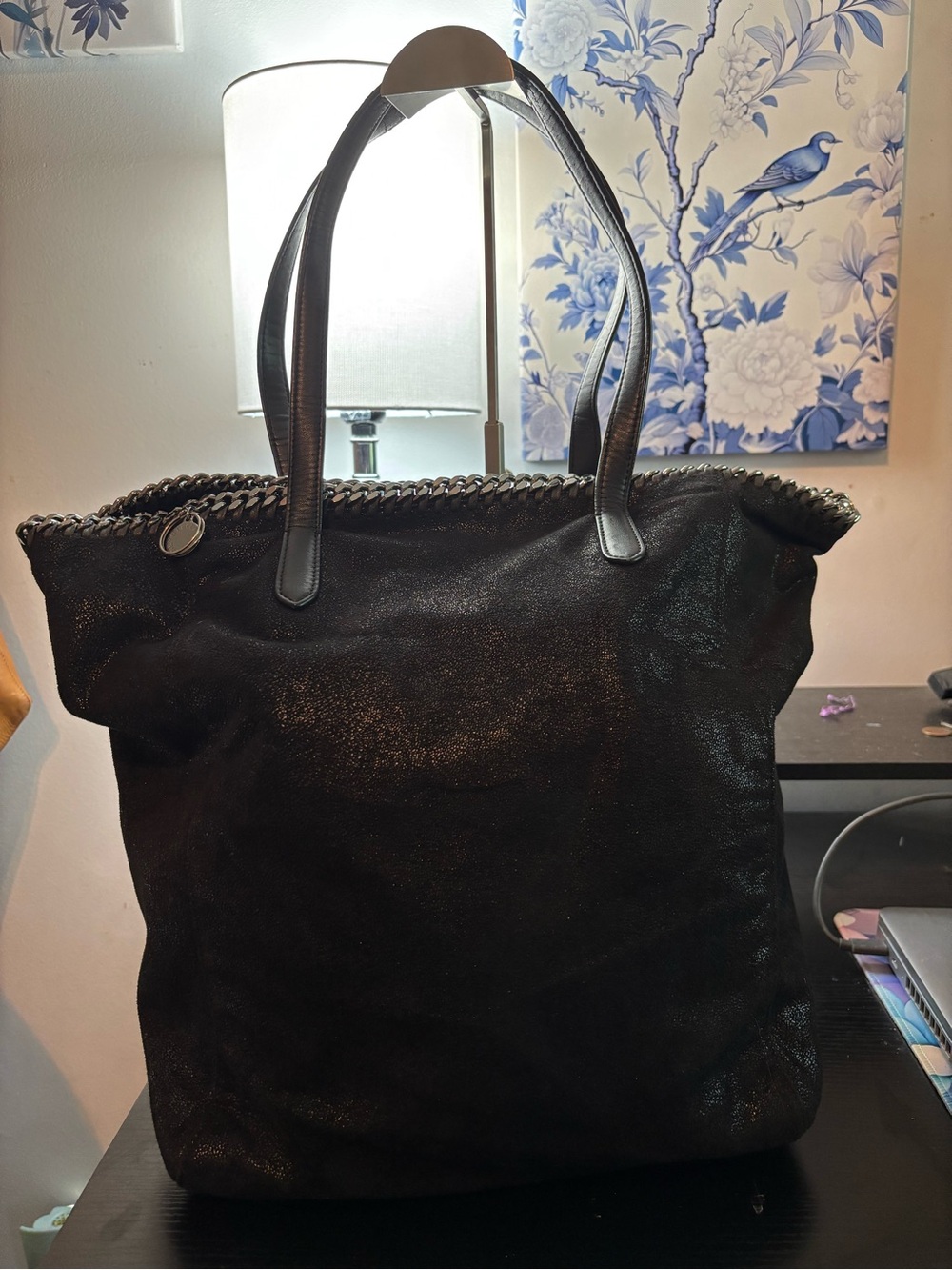 Stella McCartney Falabella Shaggy Deer East West Shopper Tote - Black/Silver